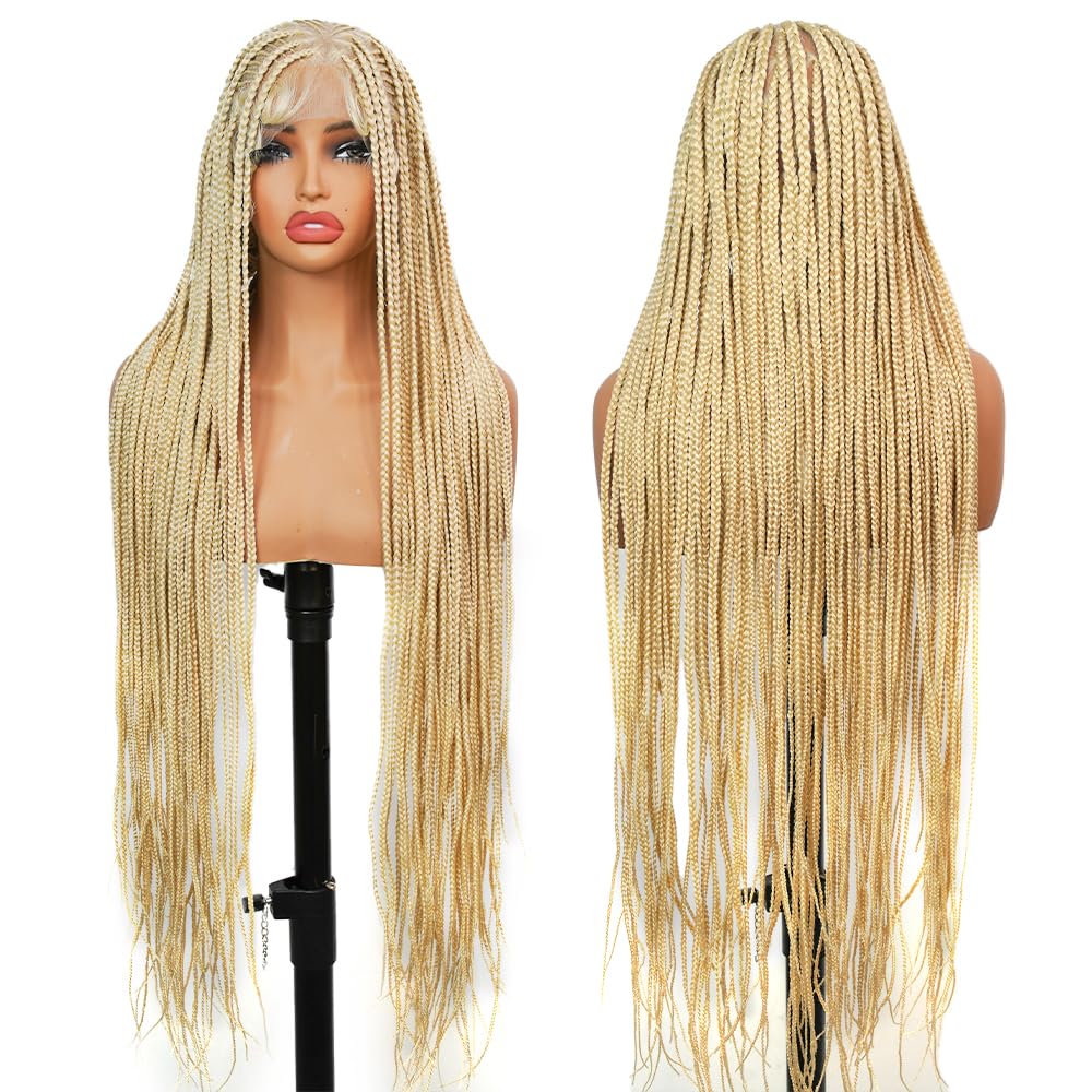 SUPERNOVA Blonde Full Lace Boho Braided Wig 613# Colored Synthetic Hair Box Braids Wig With Baby Hair Special Top Design Transparent Lace Long Highlight Knotless Braided Wigs For Black Women 36 Inch