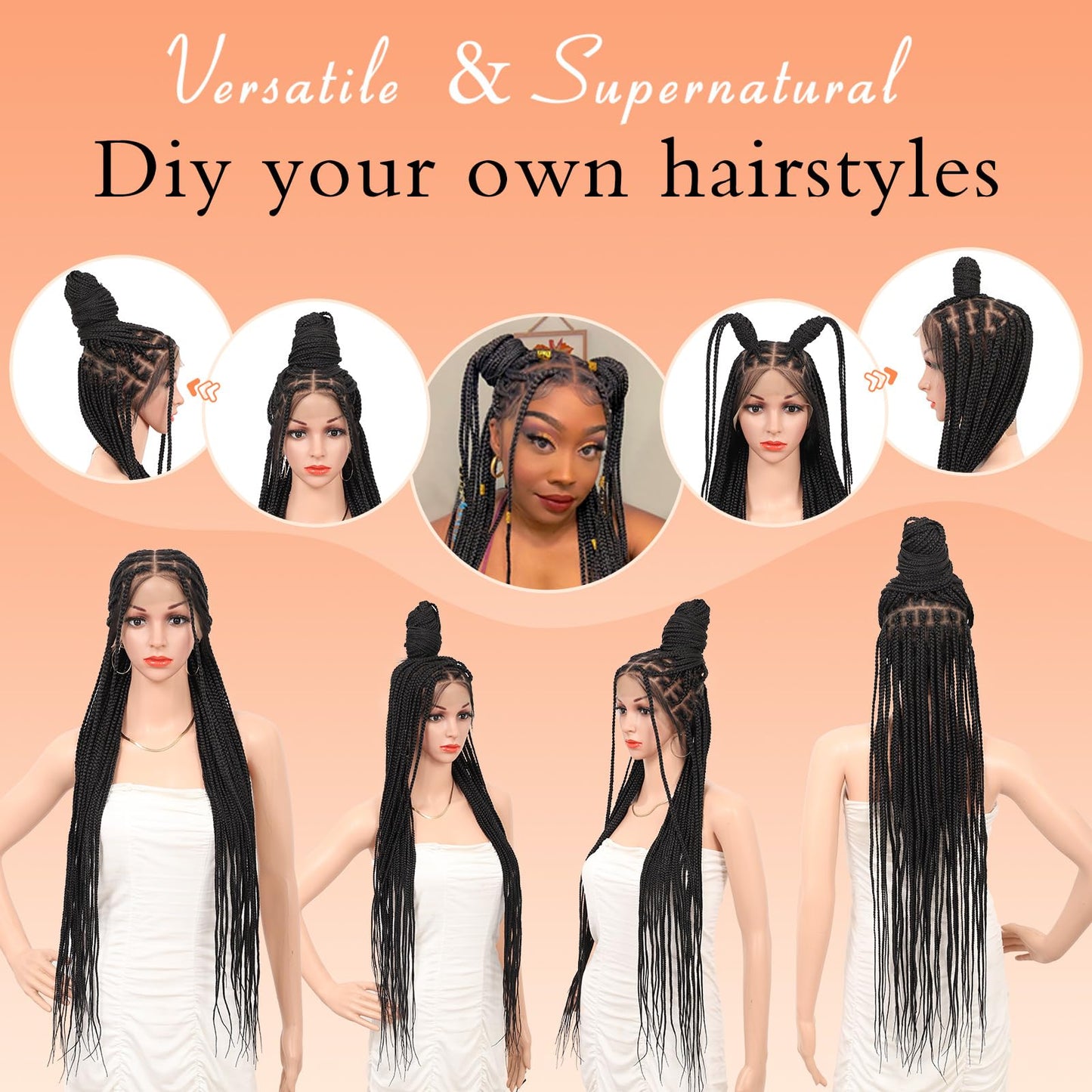 Brinbea 36'' 13X8" HD Lace Front Knotless Braided Wigs for Women Box Braid Wig with Baby Hair Braided Lace Front Wigs Premium Synthetic Braid Wig Natural Long Black