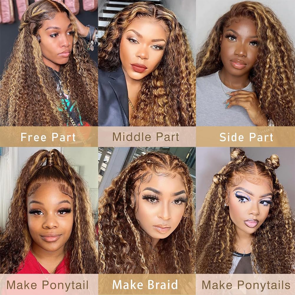 13x6 Highlight Lace Front Wig Human Hair 4/27 Ombre Deep Wave Lace Front Wig Human Hair Pre Plucked With Baby Hair 180% Density Honey Blonde Curly Human Hair Glueless Wigs for Women (28 inch)