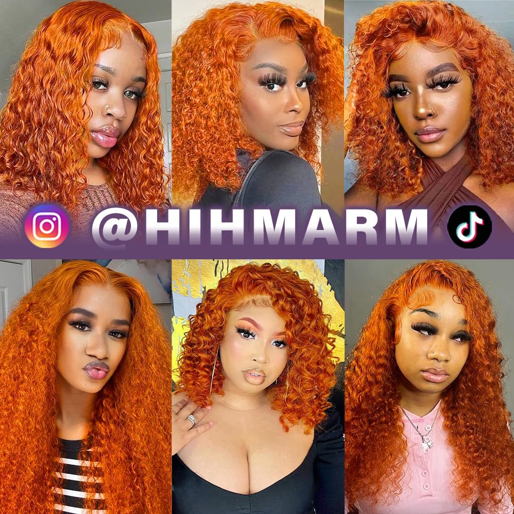Hihmarm Ginger 13x6 HD Deep Wave Lace Front Bob Wig Human Hair Pre Plucked Bob Glueless Wig Human Hair Wet And Wave 180 Density Orange Curly Lace Frontal Wigs For Black Women 12 Inch