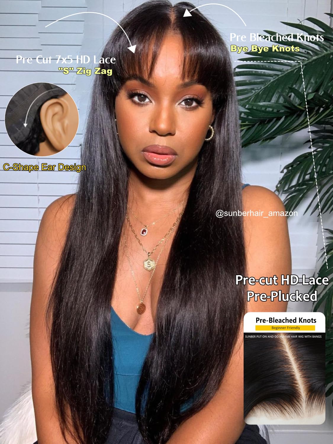 Sunber Bye Bye Knots 7x5 Lace Front Glueless Fluffy Natural Loose Wave Curtain Bangs Wig 180% Density Human Hair Wigs Pre Plucked Invisible Knots Pre Everything 3S Ready to Wear 18Inch