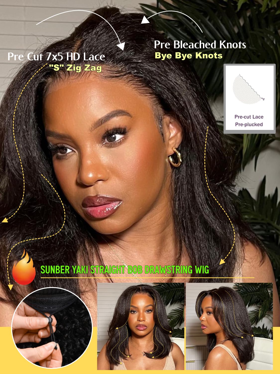 Sunber Glueless Yaki Straight Bob Wigs Pre Plucked Pre Bleached Bye Bye Knots Human Hair Wig Natural Black Pre Cut 7x5 Lace 150% Density Put On Go Pre Bleached Invisible Knots 10Inch