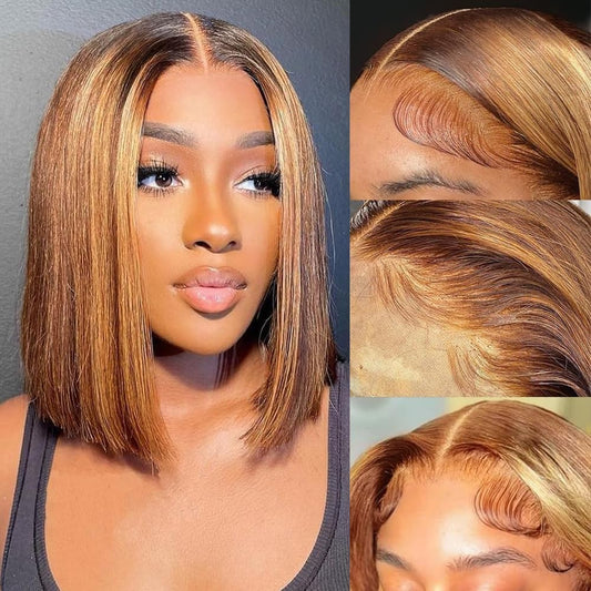 RMOARIWR Highlight 4/27 Bob Wig Human Hair 180% Density 13x4 HD Transparent Lace Front Wigs Human Hair Pre Plucked Short Bob Glueless Straight Wigs Human Hair for Women 16 Inch