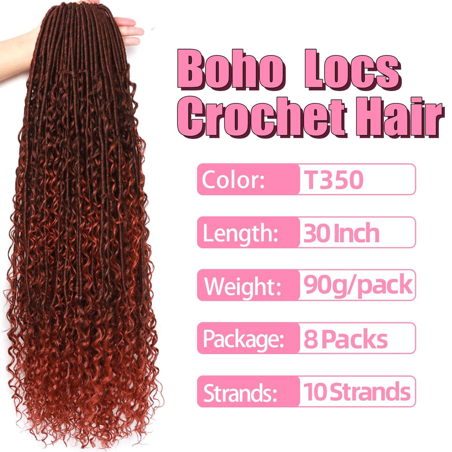 Soft Boho Locs Crochet Hair for Black Women-30 Inch 8 Packs Goddess Faux Locs Crochet Human Hair Feeling Pre Looped with Curly Ends (T350, 30 Inch(Pack of 8))