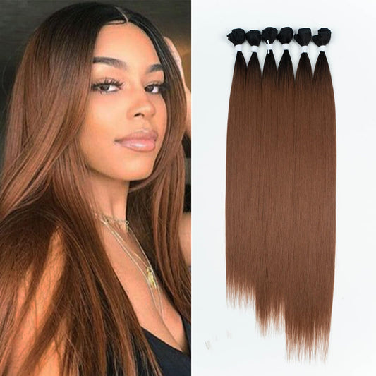 DÉBUT Long Straight Hair 6 Bundles High Temperature Fiber 300g for Full Head Synthetic Hair Weave Ombre Brown 26 28 30 Inches