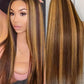 WOOMN Highlight Ombre 13x6 Lace Front Wigs Human Hair Straight HD Lace Frontal Wigs Pre Plucked Tangle-Free 200 Density 4/27 Colored Real Virgin Human Hair Wig Invisilbe Hairline Tiny Knots 24 Inch