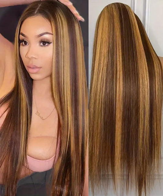 WOOMN Highlight Ombre 13x6 Lace Front Wigs Human Hair Straight HD Lace Frontal Wigs Pre Plucked Tangle-Free 200 Density 4/27 Colored Real Virgin Human Hair Wig Invisilbe Hairline Tiny Knots 24 Inch