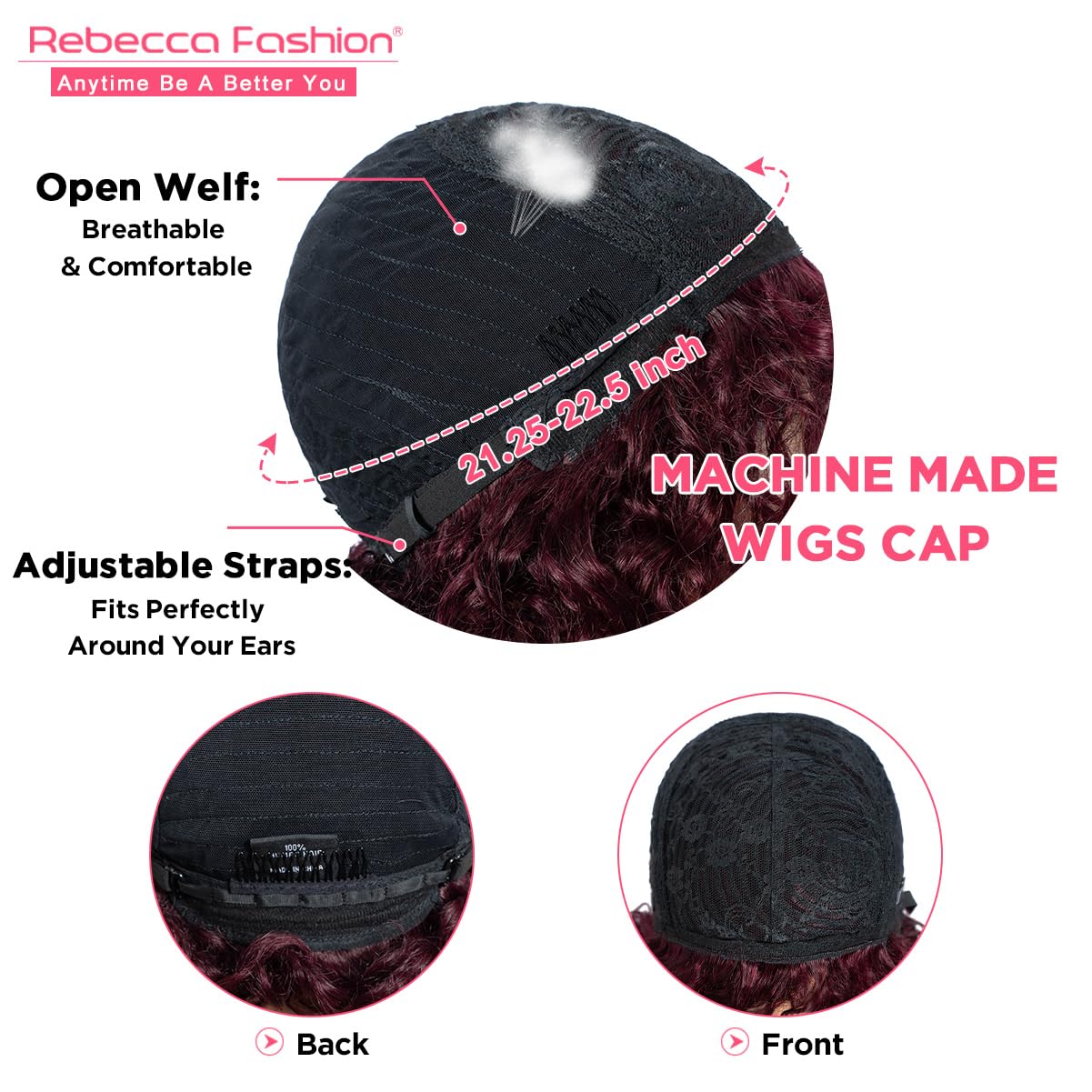 Rebecca Fashion 99J Burgundy Short Curly Human Hair Wigs for Black Women Cute Curly Bob Wig Side Part Non Lace Glueless Wigs Brazilian Remy Natural Looking