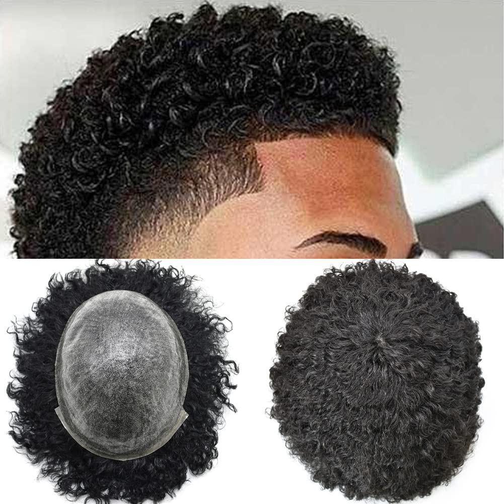 LYRICAL HAIR Hair Uints for Black Men Kinky Curly Human Hair Full Poly Wave Hairpieces Afro Toupee African American Black Men (1B# Off Black, 10MM Afro Wave)