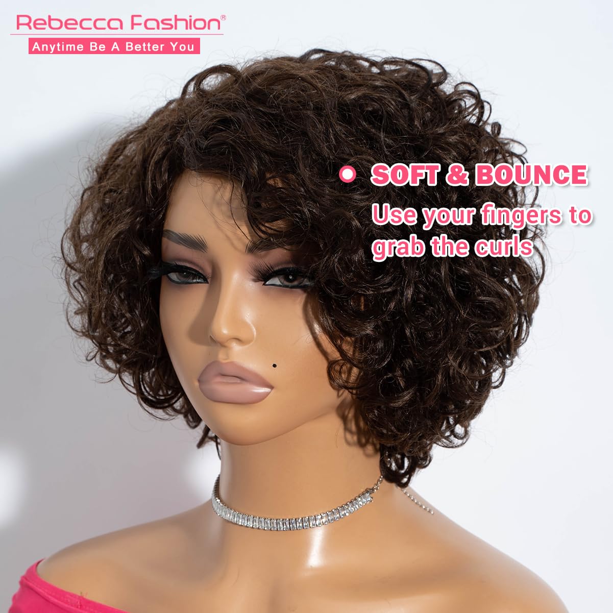 Rebecca Fashion Short Curly Human Hair Wigs for Black Women Side Part Cute Curly Bob Wig Brazilian Remy Non Lace Glueless Wigs Natural Looking Chocolate Brown Color