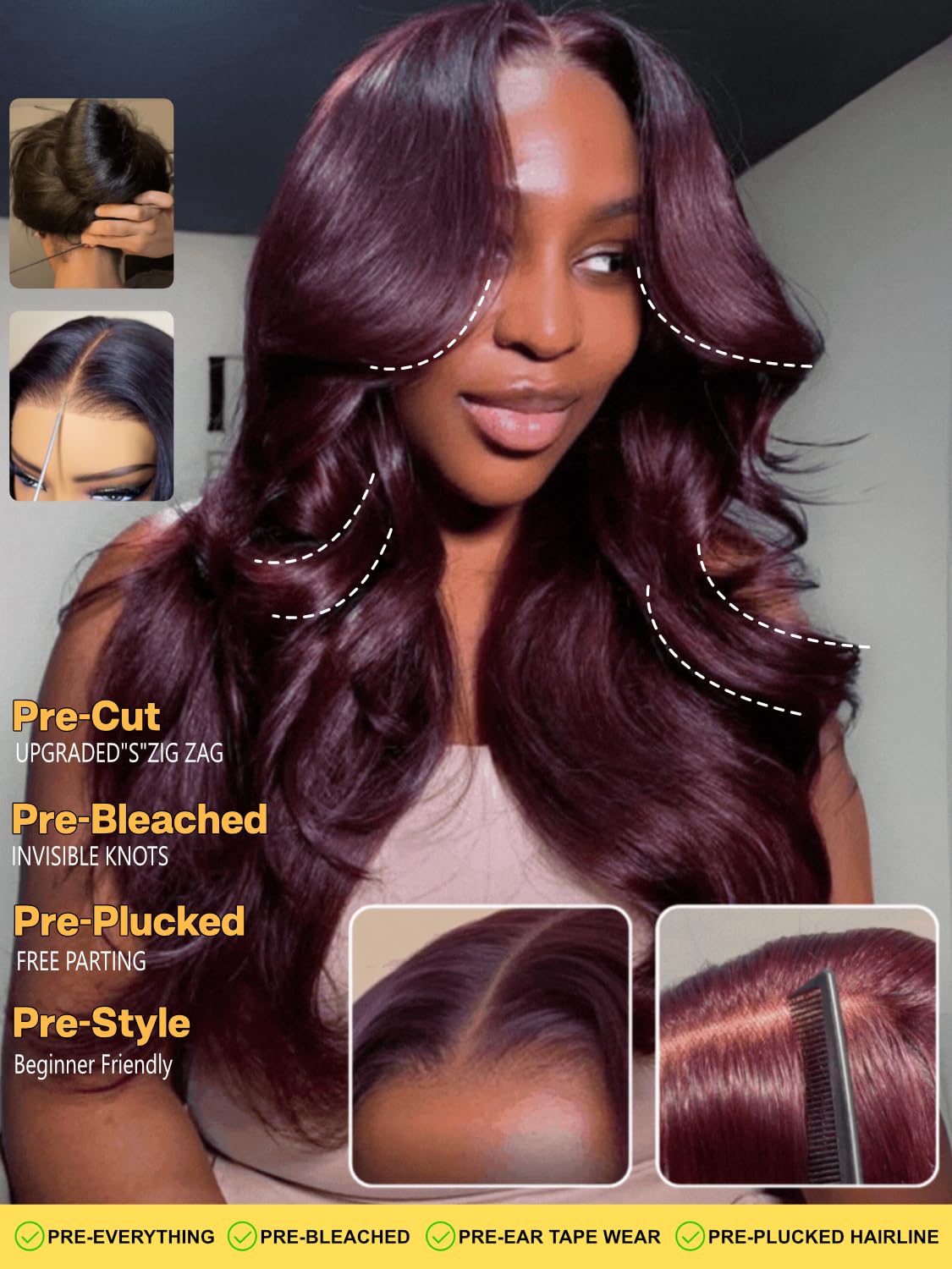 Sunber Purple Black Cherry Loose Body Wave With Drawstring Wig Bye Bye Knots 13x4 Pre-Everything Lace Frontal Glueless Wigs Pre Plucked Pre Bleached Knots 180% Density 16Inch 3S Put On and Go Wigs