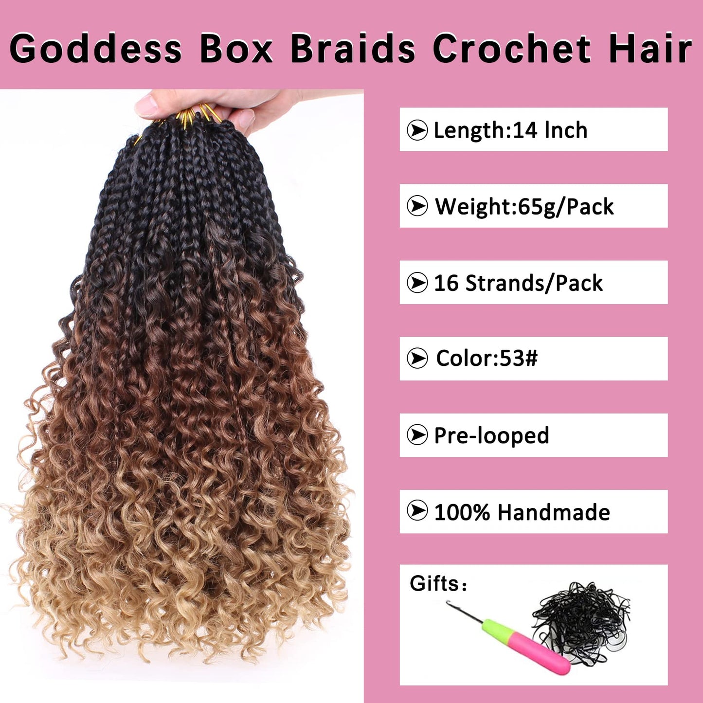 COOKOO 14 Inch 8 Packs Goddess Box Braids Crochet Hair for Women Synthetic Bohomian Hippie Box Braids Crochet Hair Pre Looped With Curly Ends Braiding Hair Extension 53#