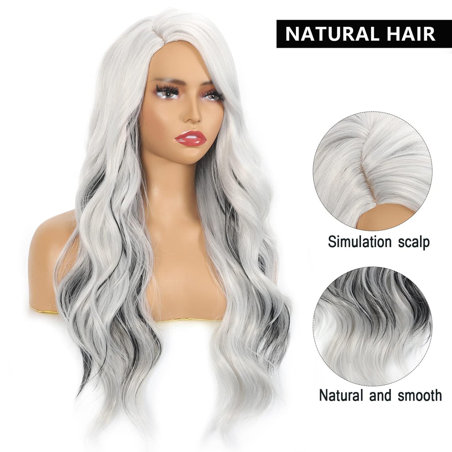 Sabosi Long White Grey Wig for Women Streak Colorful Wavy Wig Side Part Wave Highlight Wavy Wigs Natural Synthetic Hair Wig for Daily Party Use