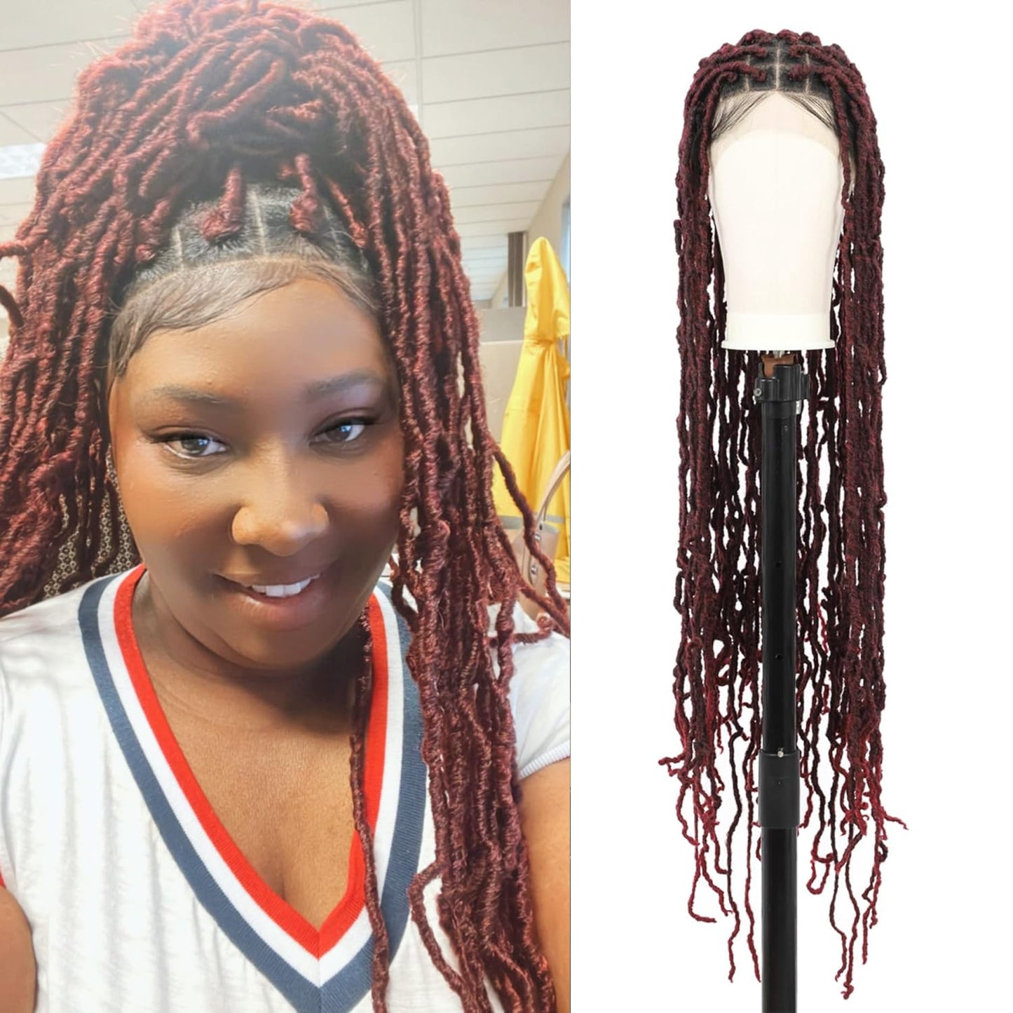 Olymei Locs Braided Wigs for Black Women Knotless Braided Wigs Locs Braid Wig with Baby Hair Full Double Lace Braided Wig Synthetic Burgundy Red Locs Braided Wig, 40 Inches Double Lace