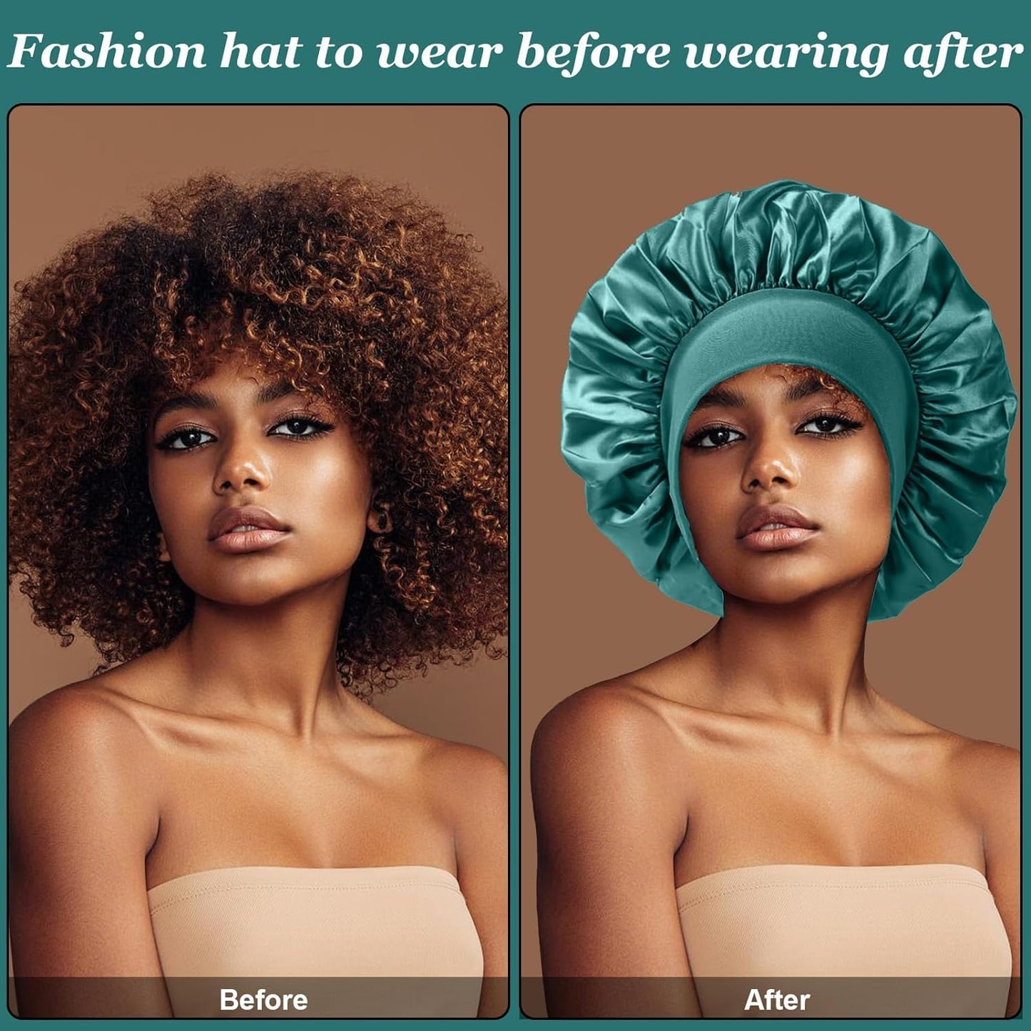 4PCS Silk Satin Bonnets for Black Women & Men - Elastic Wide Band Hair Wrap Cap for Curly Hair - Shower Cap for Sleeping (Black, Peacock Blue, Pink, Khaki)