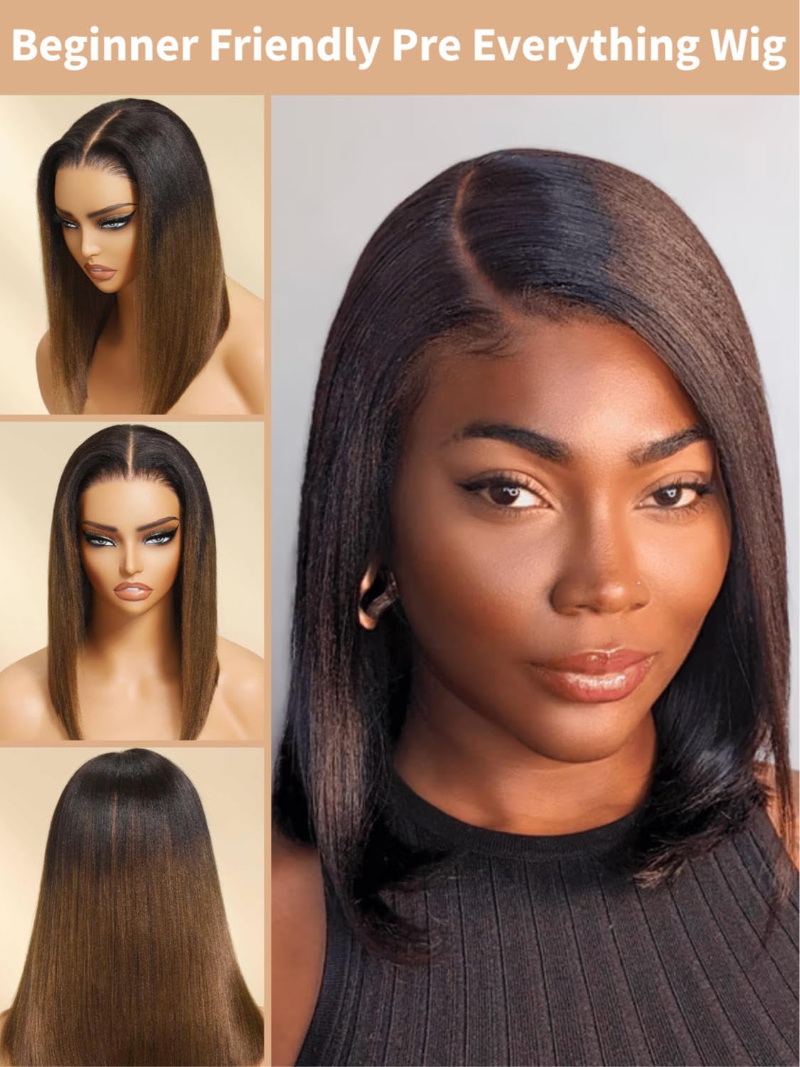 Beauty Forever Bob Drawstring Wig Human Hair Black to Chestnut Brown Yaki Straight Bob Glueless 13x4 Pre Everything Lace Front 150% Density 12 Inch Pre Cut Plucked Bye Bye Knots Ready to Go Short Wig