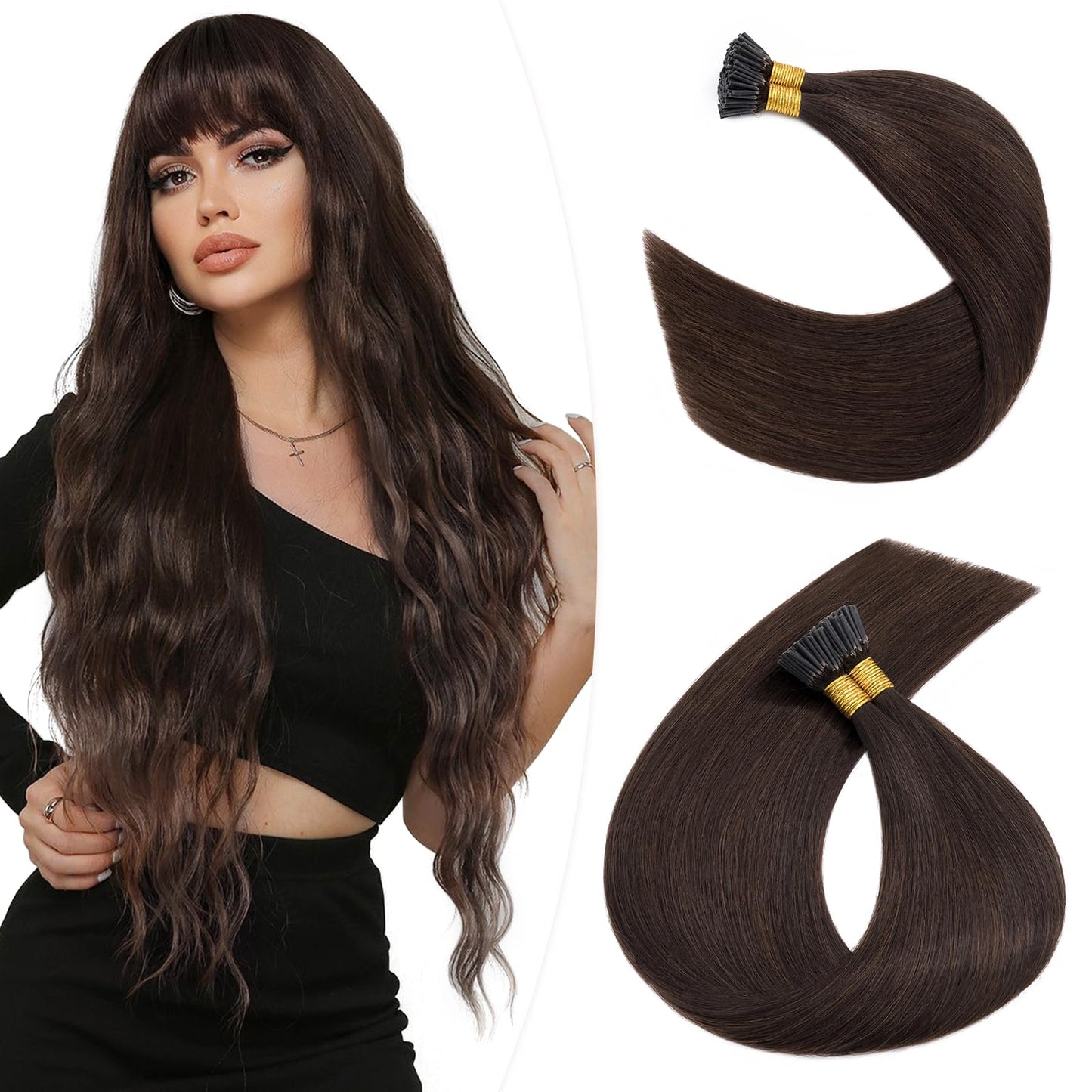 Hairro Pre Bonded Fusion Hair Extensions Remy Keratin Beads Invisible Itip Real Human Hair Extension Stick Tipped Glue Hairpiede Salon Quality I Tip Hair For Women 16" 100 Strands 50g #02 Dark Brown