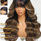 Sunber Ombre Brown Loose Body Wave With Bangs Pre Everything Glueless 13x4 HD Lace Front Human Hair Wig 180% Density Highlight Balayage Pre cut Lace Pre Plucked Bye Bye Knots Drawstring Wig 16Inch