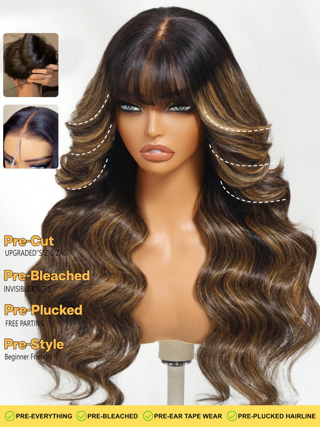 Sunber Ombre Brown Loose Body Wave With Bangs Pre Everything Glueless 13x4 HD Lace Front Human Hair Wig 180% Density Highlight Balayage Pre cut Lace Pre Plucked Bye Bye Knots Drawstring Wig 24Inch