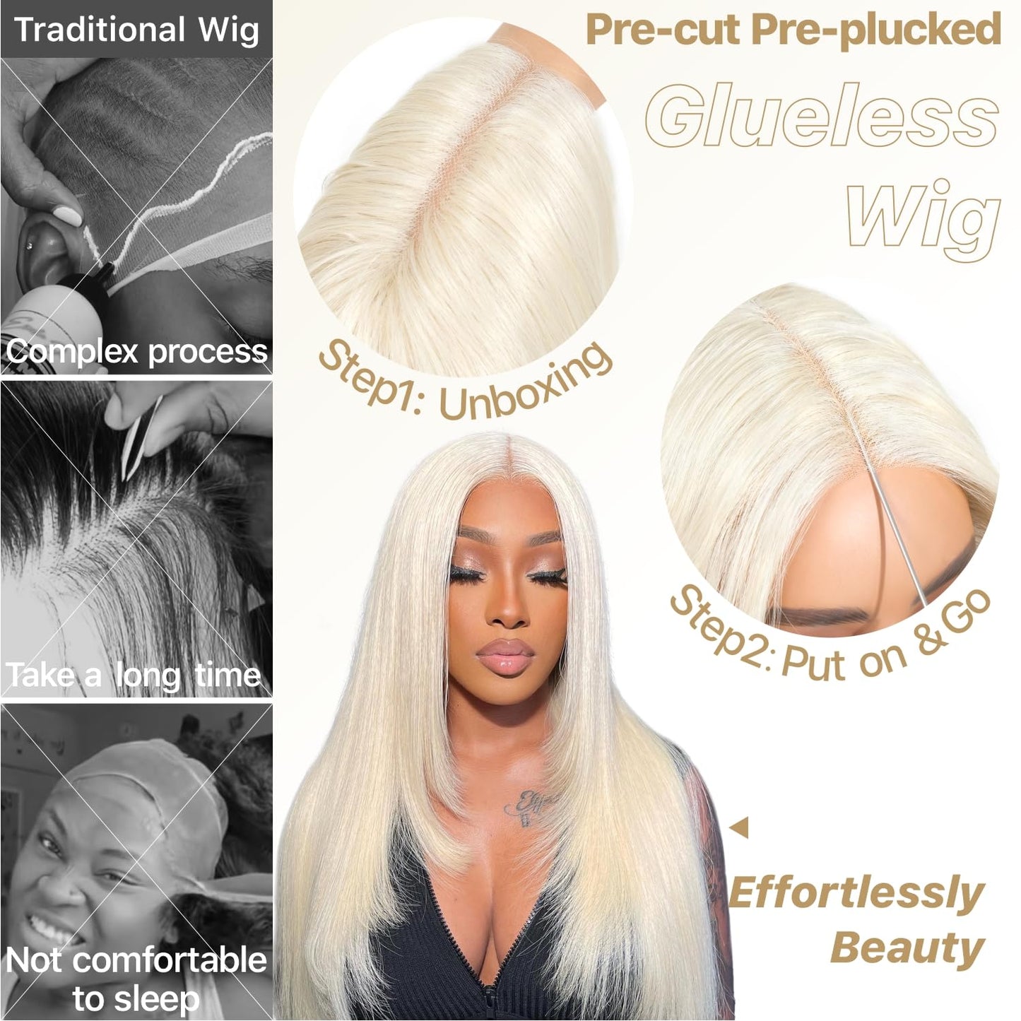 BrownBomb Blonde Wear and Go Glueless Wigs Pre Plucked Pre Cut for Beginners 613 Synthetic Lace Front Wigs With Bangs Long Straight layered Wigs HD Lace 26 Inch 3 Seconds to Wear for Beginners