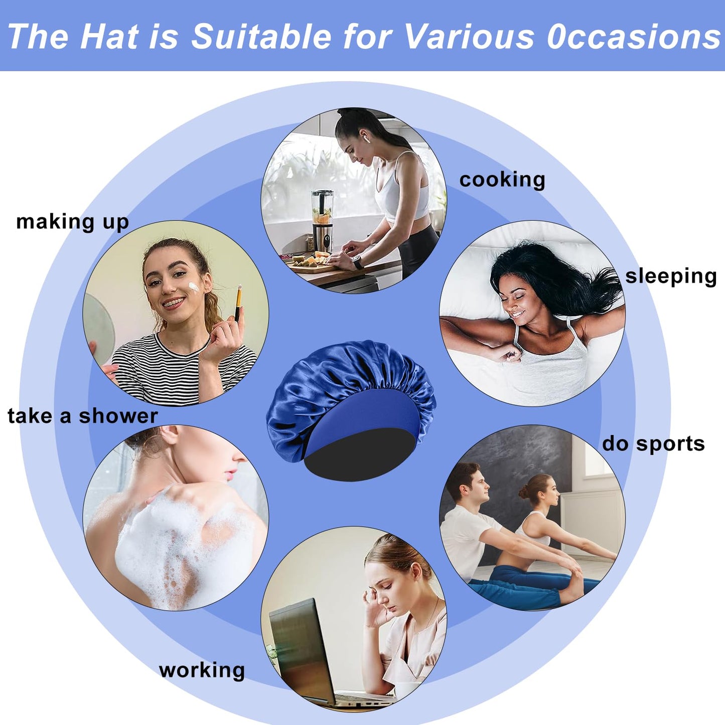 4PCS Silk Bonnet for Sleeping - Satin Hair Wrap Cap for Black Women Men, Curly Hair - Elastic Wide Band Shower Cap (Black, Sapphire Blue, Green, Purple)