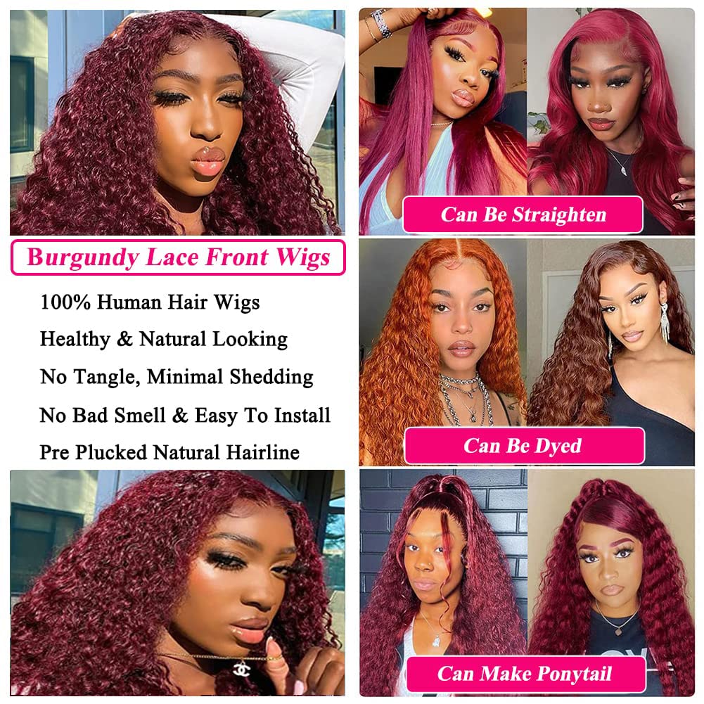 BOSDIOS 99J Burgundy Lace Front Wigs Human Hair 13x6 Deep Wave Lace Frontal Wig Human Hair for Black Women Red Water Curly Wave Wigs 180% Density Glueless Pre Plucked with Baby Hair(24inch)
