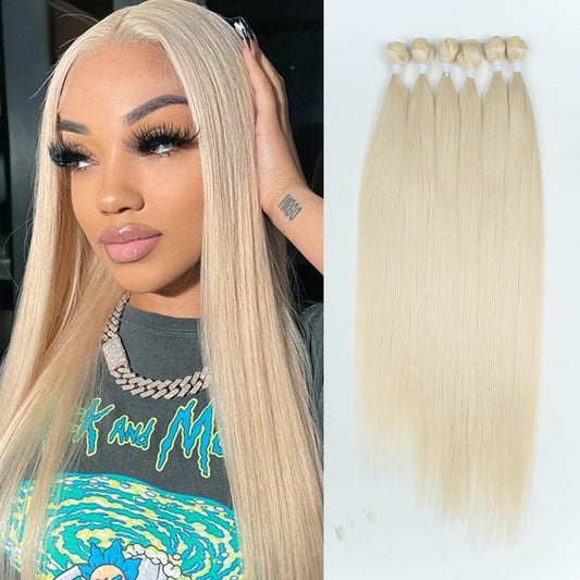 DÉBUT Long Straight Blonde Hair 6 Bundles 26 28 30 Inches High Temperature Fiber 300g for Full Head Synthetic Hair Weave 613 Color