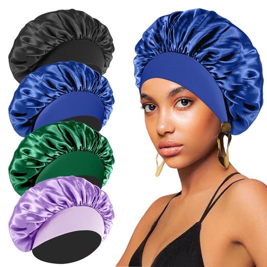 4PCS Silk Bonnet for Sleeping - Satin Hair Wrap Cap for Black Women Men, Curly Hair - Elastic Wide Band Shower Cap (Black, Sapphire Blue, Green, Purple)