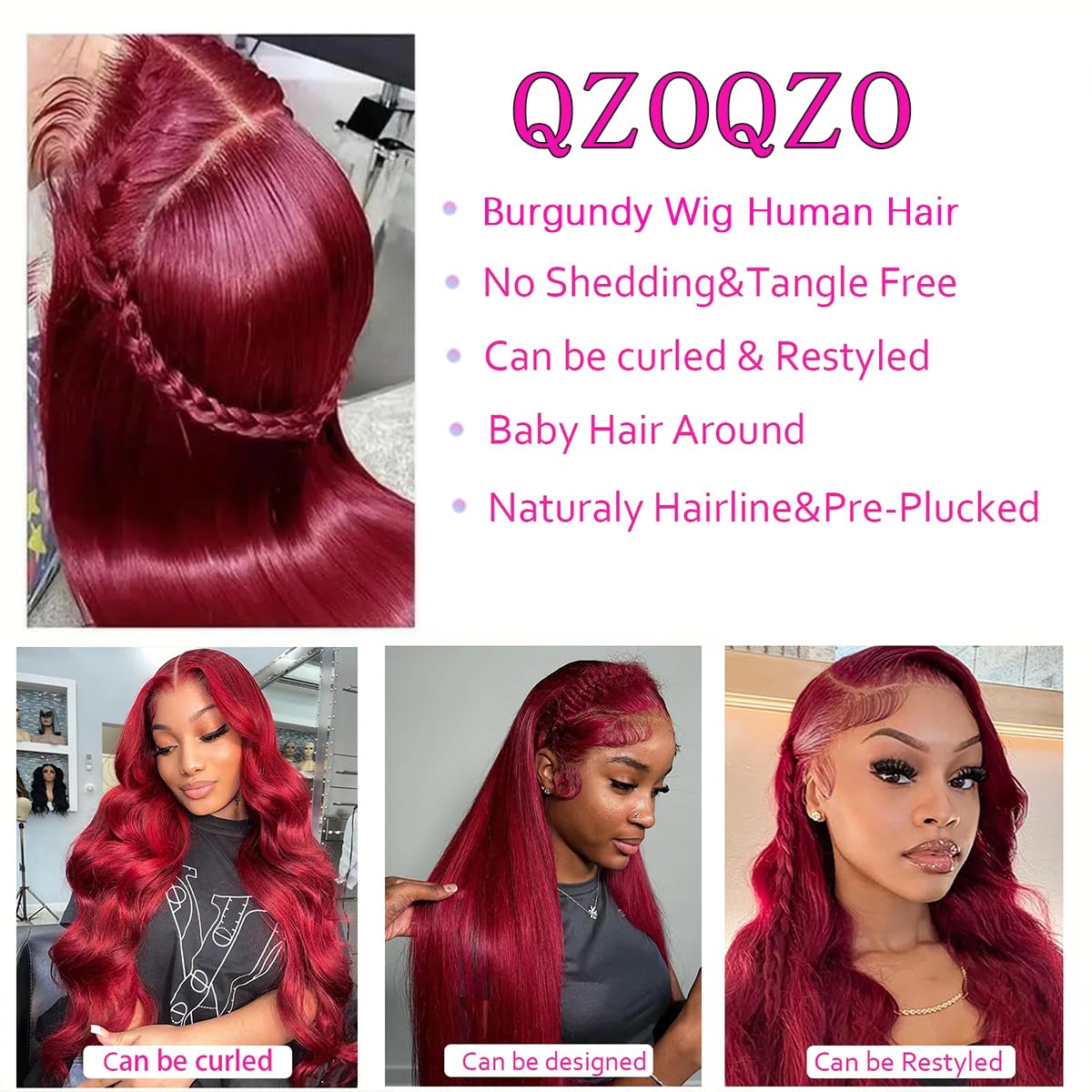 QZOQZO 99J Burgundy Lace Front Wigs Human Hair 13x6 HD Transparent Body Wave Lace Front Wigs Pre Plucked 99j Burgundy Red Wine Glueless Human Hair Wigs for Women Reddish Brown 180% Density 30 Inch