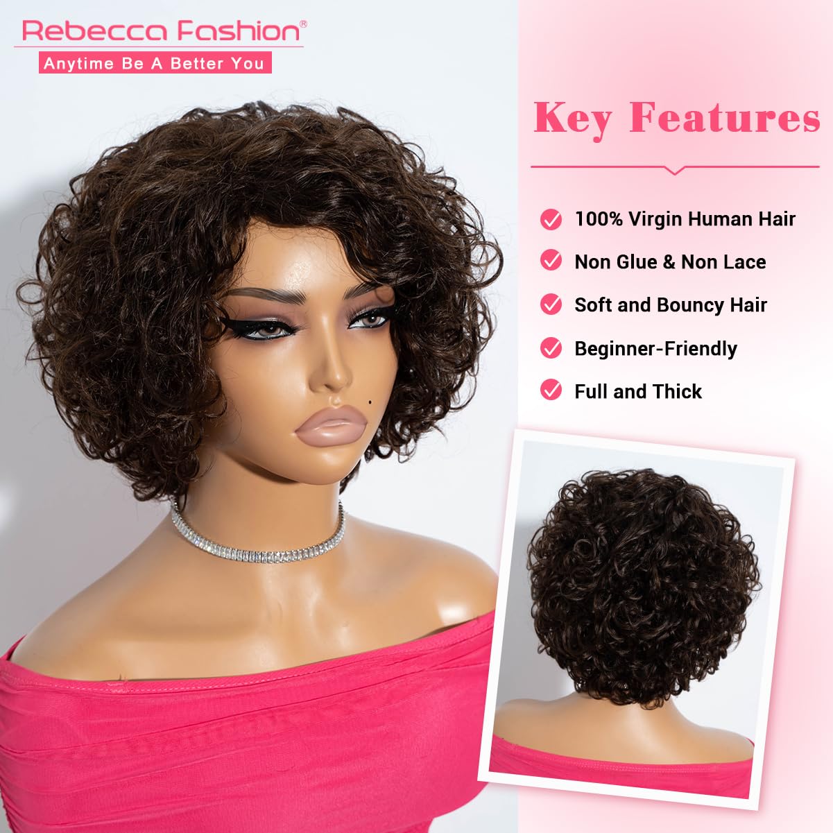 Rebecca Fashion Short Curly Human Hair Wigs for Black Women Side Part Cute Curly Bob Wig Brazilian Remy Non Lace Glueless Wigs Natural Looking Chocolate Brown Color