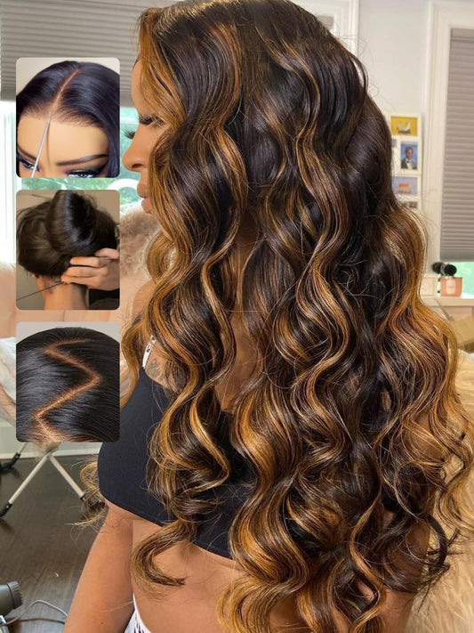 Sunber Ombre Highlight Brown Body Wave Human Hair Glueless Balayage Wigs Pre Cut 7x5 HD Lace Front with Elastic Drawstring 150% Density Put On and Go Pre Plucked Pre Bleached Invisible Knots 20Inch