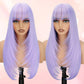 NOVFLKW Light Purple Long Straight Layered Wig with Bangs for Women 26 inch Put on Go Realistic Synthetic Fiber Heat Resistant Natural Wig for Girls Party Cosplay and Daily Use