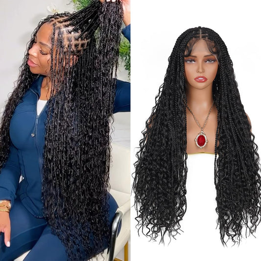 URUNIK Boho Knotless Braided Wigs for Black Women Bohemian Box Braided Wigs With Baby Hair Synthetic Boho Braid Lace Front Wig Natural Black(Natural Black, 13x6 Boho Braided Wig 36 Inch)