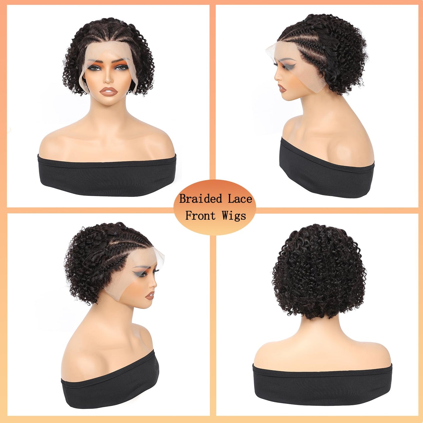 Inghood Braided Lace Front Wigs For Black Women Braided Curly Human Hair Wigs Fully Handmade Braided Wig Pixie Cut Wig 13x4 Lace Front Wigs Human Hair Curly Bob Wig Human Hair (Natural Color)