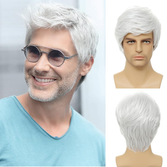 DARLIN HAIR Mens Wigs Short White Wig Men Synthetic Heat Resistant Layered Natural Halloween Cosplay Costume Wig
