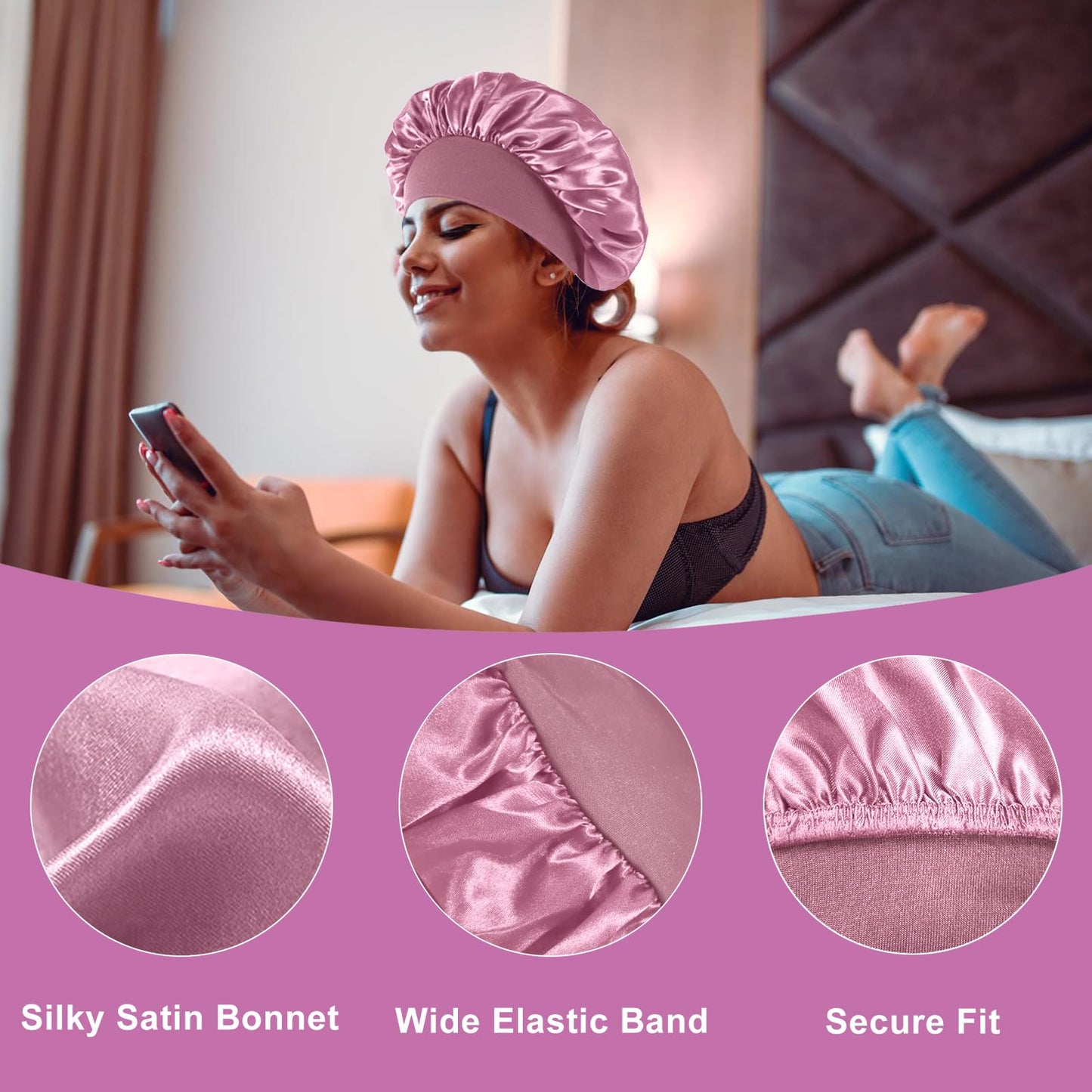 4PCS Silk Satin Bonnets for Black Women & Men - Elastic Wide Band Hair Wrap Cap for Curly Hair - Shower Cap for Sleeping (Black & Bean Paste Pink & Purple & Brown)