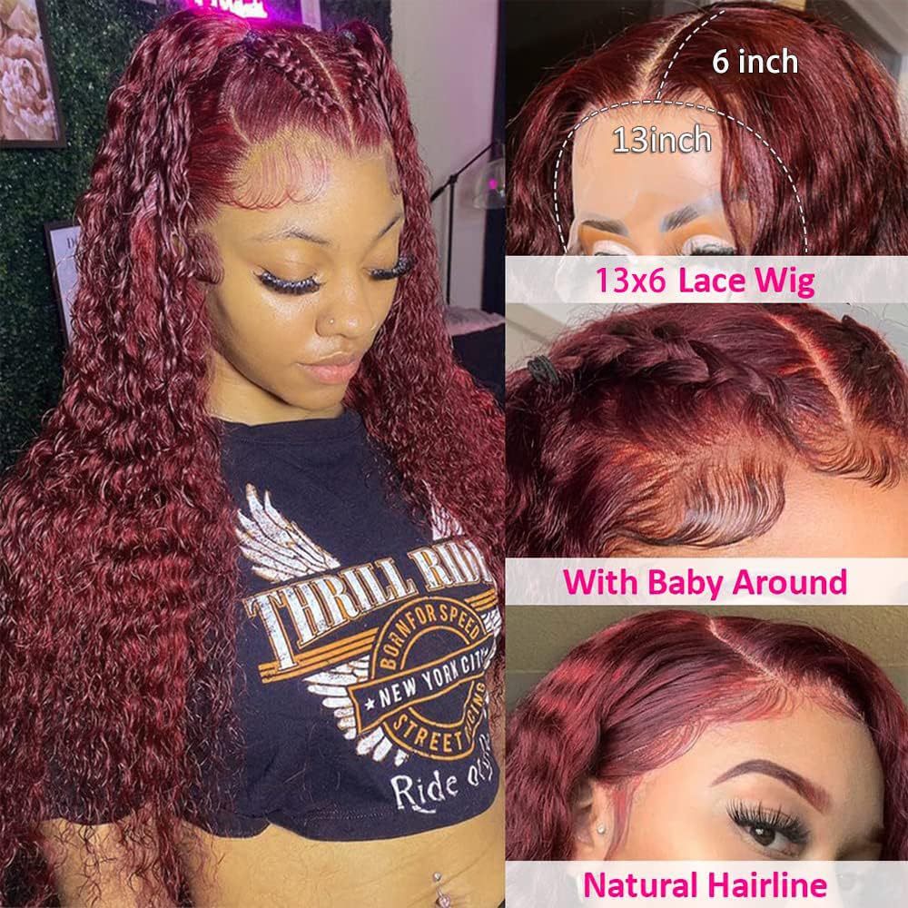 BOSDIOS 99J Burgundy Lace Front Wigs Human Hair 13x6 Deep Wave Lace Frontal Wig Human Hair for Black Women Red Water Curly Wave Wigs 180% Density Glueless Pre Plucked with Baby Hair(24inch)
