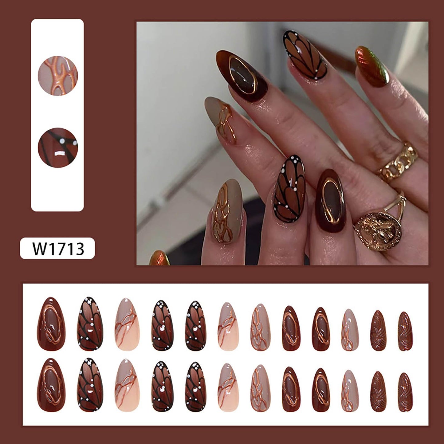 RTKHFZE Medium Buttterfly Press on Nails Almond Fake Nails with Design Brown Butterfly Press on False Nails Full Cover Fall Nails for Women 24Pcs
