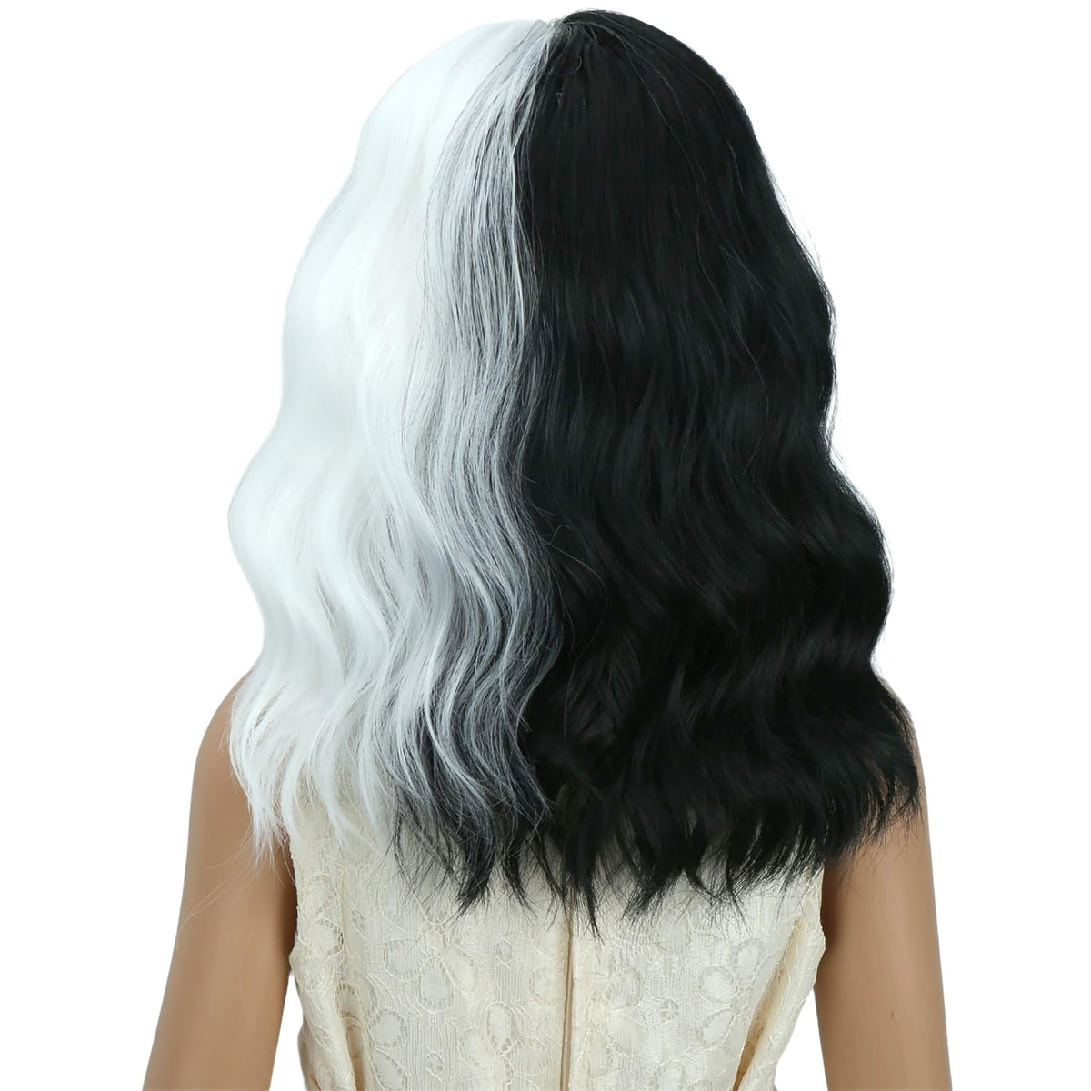DUDUWIG Girls Black and White Wig Kids Short Half Black and Half White Wavy Curly Bob Wig Children Black White Wig for Halloween Cosplay