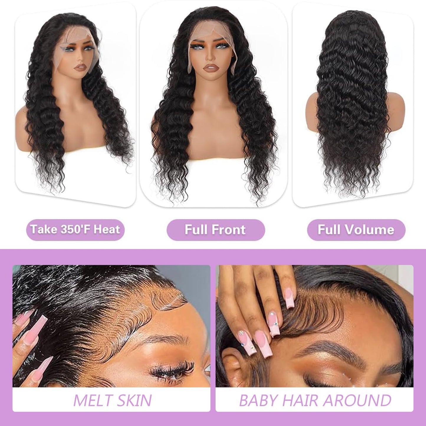 Gearina 13x4 Deep Wave Lace Front Wigs Human Hair 200 Density HD Transparent Lace Frontal Human Hair Pre Plucked Glueless Wigs Human Hair for Women Natural Black 28 Inch