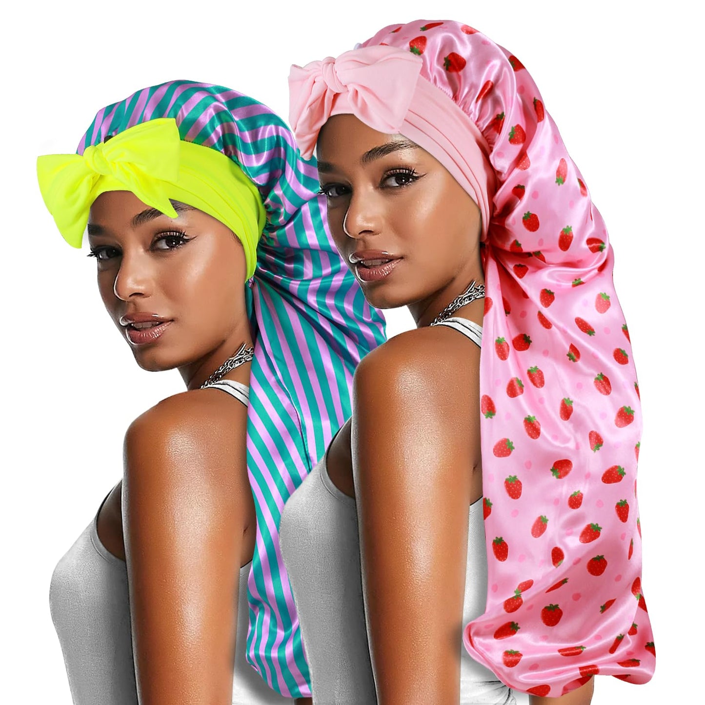 2pcs Long Satin Bonnets with Tie Band, Large Braid Bonnet Silky Hair Cap for Locs Women Sleeping, L