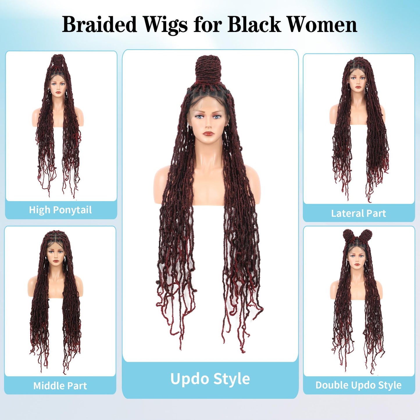Olymei Locs Braided Wigs for Black Women Knotless Braided Wigs Locs Braid Wig with Baby Hair Full Double Lace Braided Wig Synthetic Burgundy Red Locs Braided Wig, 40 Inches Double Lace