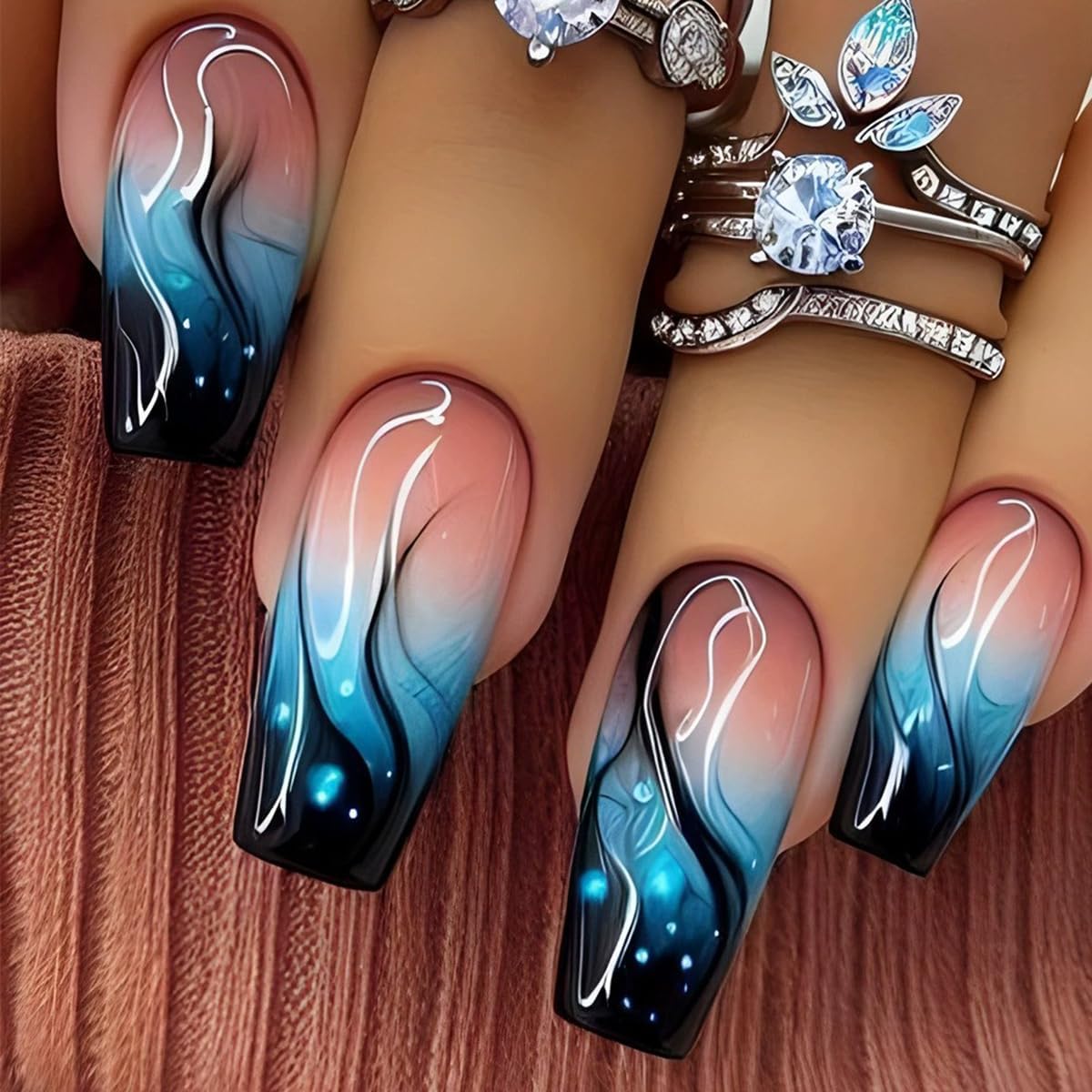juggssa Press on Nails Long Glossy Blue Ombre Flame Acrylic Nails 24pcs Set with Glue Stick on Nails for Women Spring Summer Manicure Nail Art