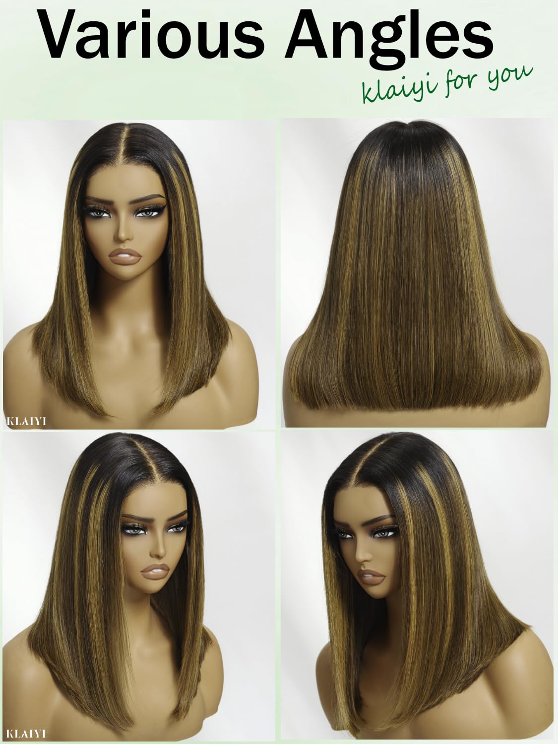KLAIYI Bye Bye Knots Glueless Wig Ombre Brown with Blonde Bob Straight Precut 7x5Lace Front Human Hair Wig with Dark Roots Pre Plucked Bleached Blunt Cut Balayage Highlight Ready to Wear and Go 14Inch