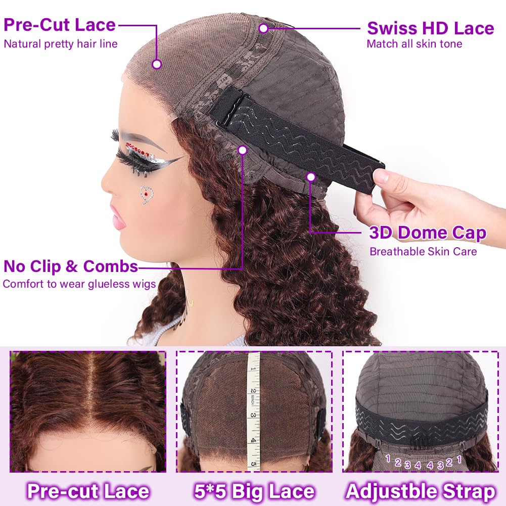 UCUVIC Wear And Go Glueless Wigs Human Hair Pre Plucked Pre Cut 5x5 Deep Wave Curly Bob Wig Human Hair Lace Front Closure Wigs For Black Women 200Density Curly Wig Glueless Chocolate Brown 16 Inch