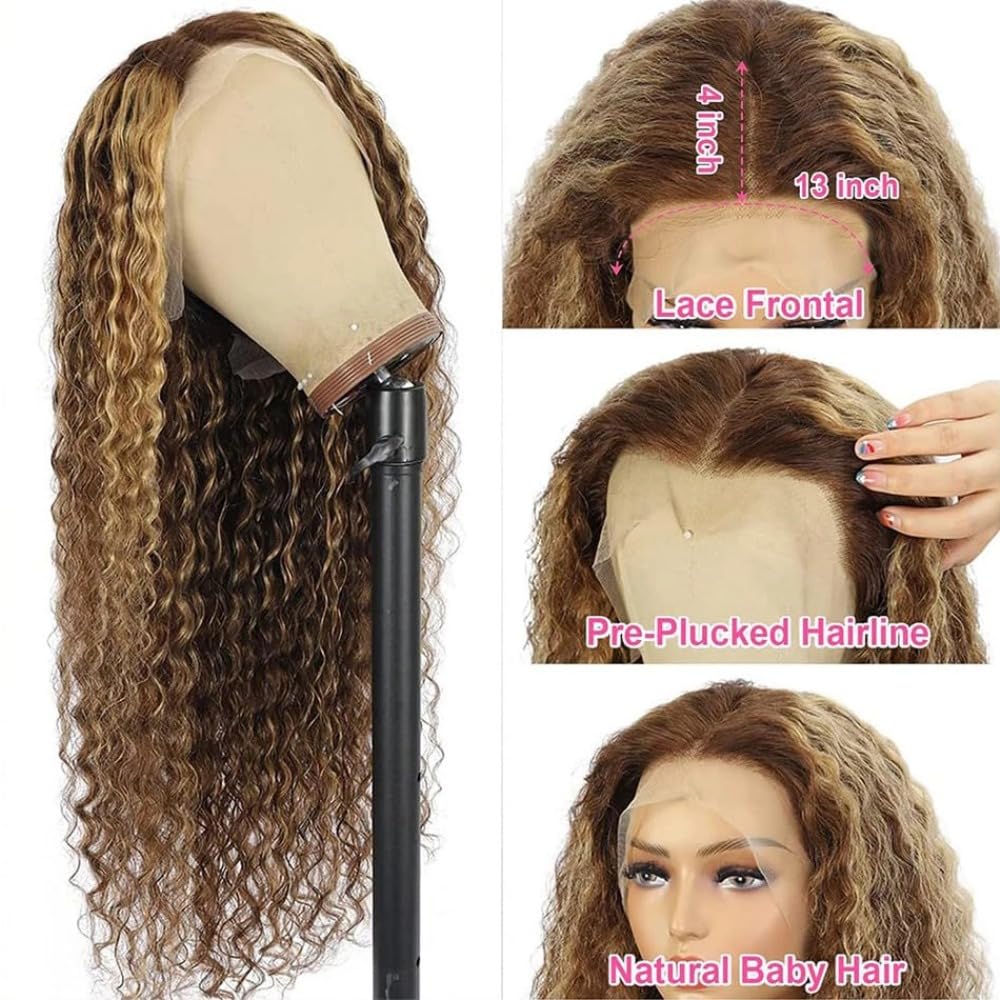 Mepurer Honey Blonde Wig Human Hair Deep Wave Lace Front Wigs 200 Density 4/27 Highlight Ombre 13x4 HD Transparent Lace Front Wig with Baby Hair Deep Curly Wave Wig Human Hair for Black Women 26 Inch