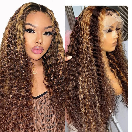 13x6 Highlight Lace Front Wig Human Hair 4/27 Ombre Deep Wave Lace Front Wig Human Hair Pre Plucked With Baby Hair 180% Density Honey Blonde Curly Human Hair Glueless Wigs for Women (28 inch)