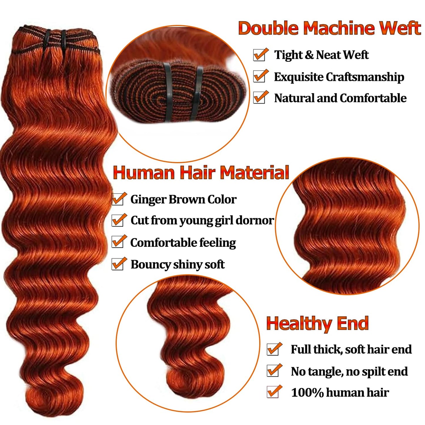 10A Ginger Human Hair Bundles with Closure Loose Deep Wave Quick Weave Bundles with hd Lace Closure-22 24 26+20inch, Unprocessed Brazilian Raw Loose Wave Human Hair