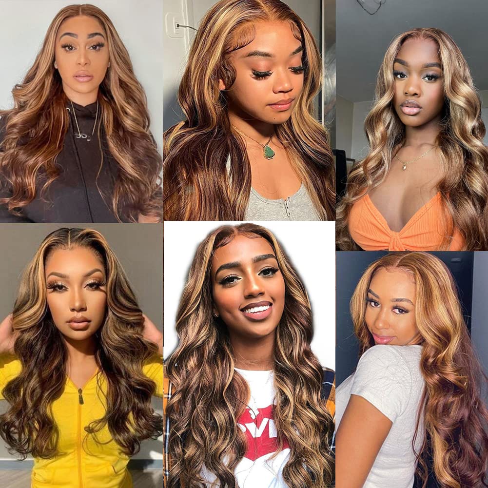 LAPONDAI Highlight Ombre 13x4 Body Wave HD Lace Front Wig Human Hair Pre Plucked Transparent 4/27 Honey Blonde lace frontal Wigs with Baby Hair 150% Density Colored 22 Inch