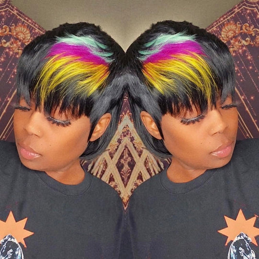 QiaQiaRing Mullet Wigs for Black Women Chic Elegent Mullet Pixie Cut Wigs for Daily Use Short Layered Pixie Bob Human Hair With Bangs Brazilian Virgin Straight Bob Human Hair (1b/purple/blue)
